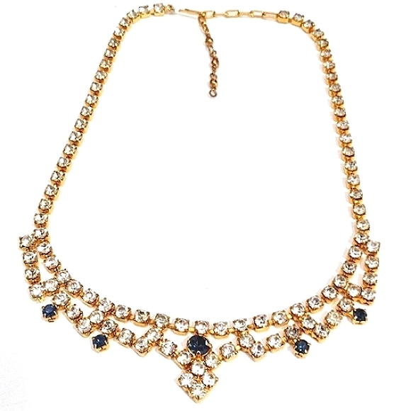 VINTAGE DARK BLUE CLEAR RHINESTONE CHOKER COLLAR BIB 15-18" NECKLACE - Picture 2 of 11